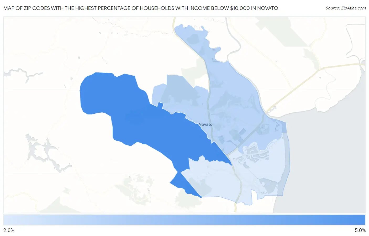 Zip Codes with the Highest Percentage of Households with Income Below $10,000 in Novato Map