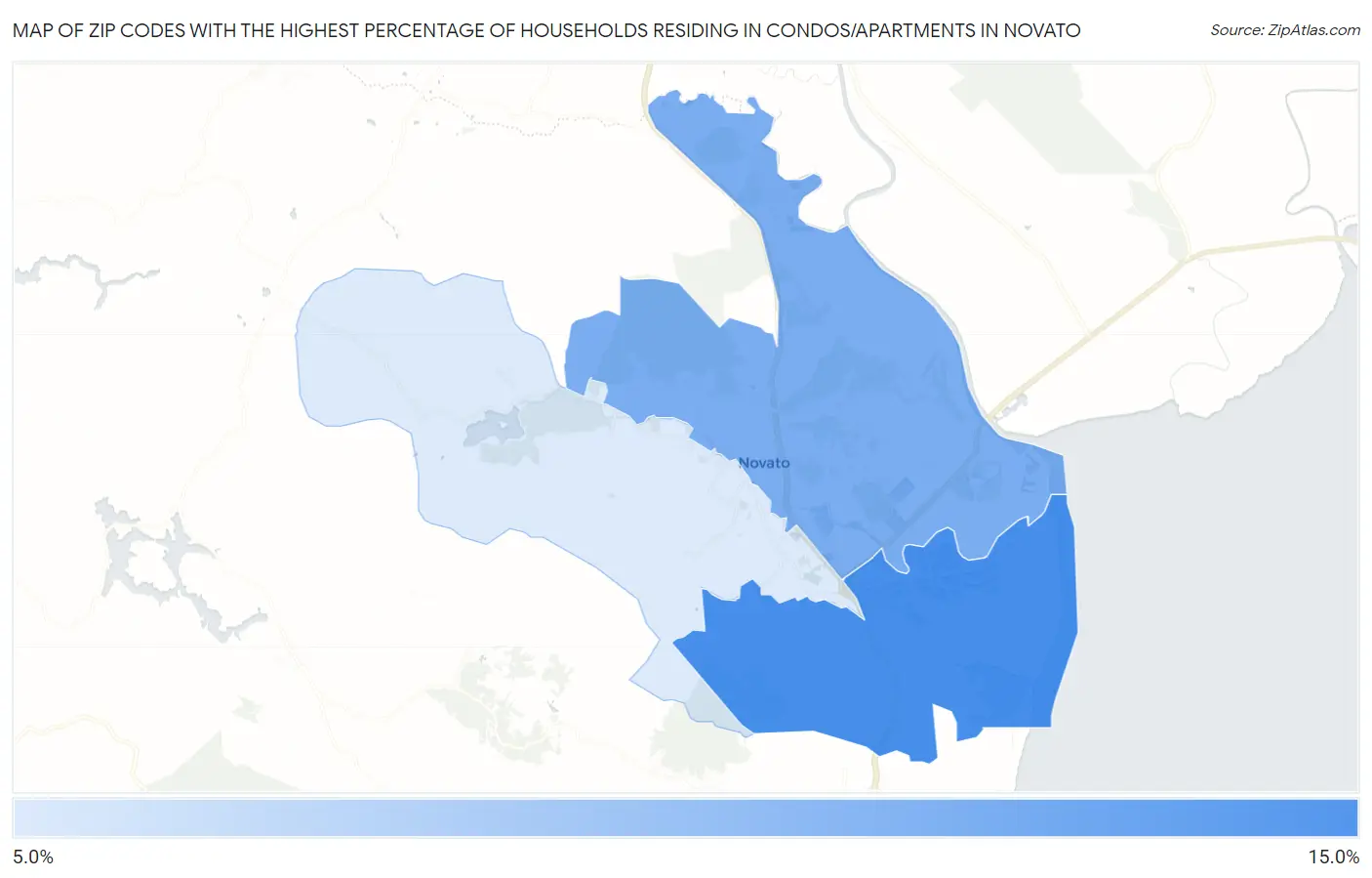 Zip Codes with the Highest Percentage of Households Residing in Condos/Apartments in Novato Map
