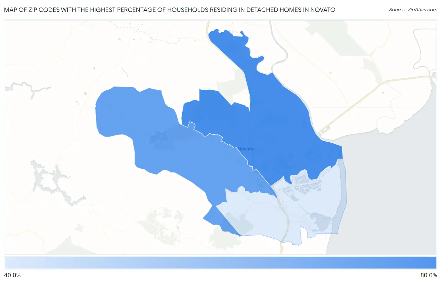 Zip Codes with the Highest Percentage of Households Residing in Detached Homes in Novato Map
