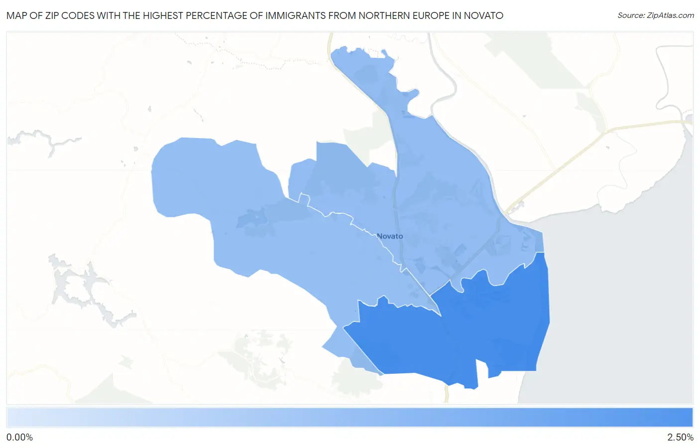 Zip Codes with the Highest Percentage of Immigrants from Northern Europe in Novato Map