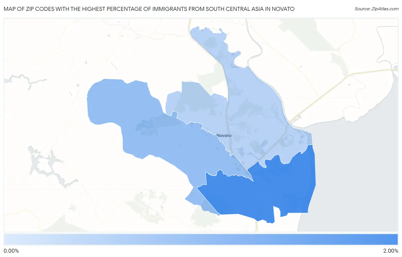 Zip Codes with the Highest Percentage of Immigrants from South Central Asia in Novato Map