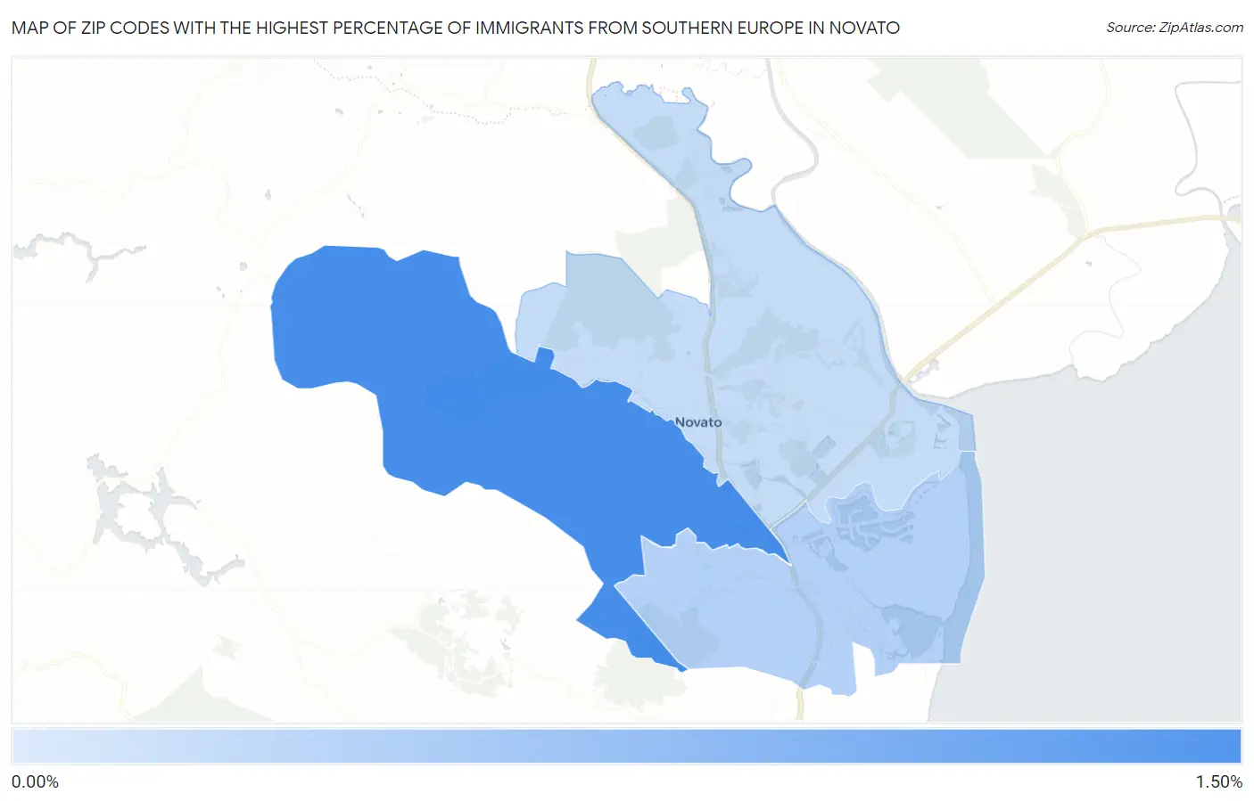 Zip Codes with the Highest Percentage of Immigrants from Southern Europe in Novato Map