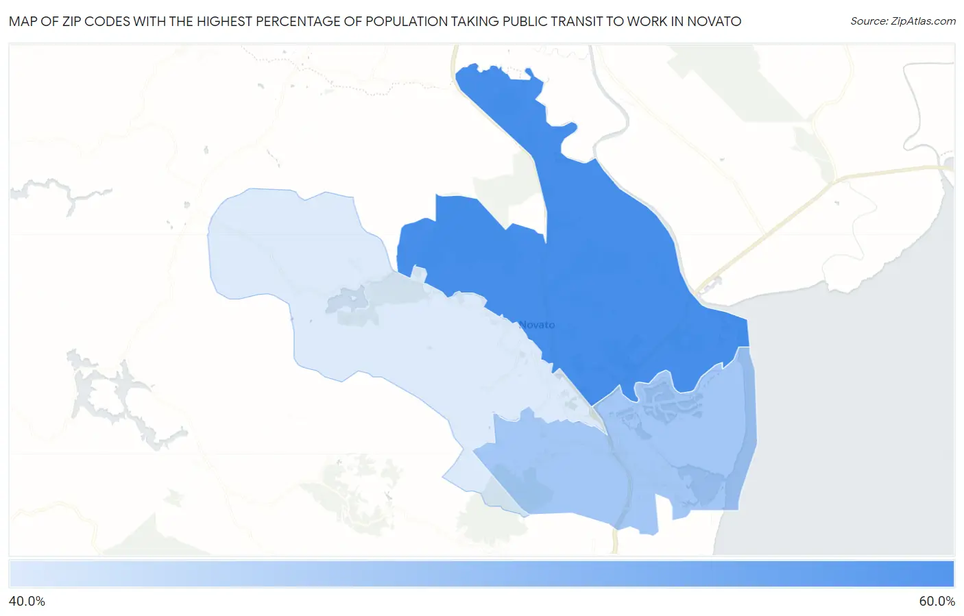 Zip Codes with the Highest Percentage of Population Taking Public Transit to Work in Novato Map
