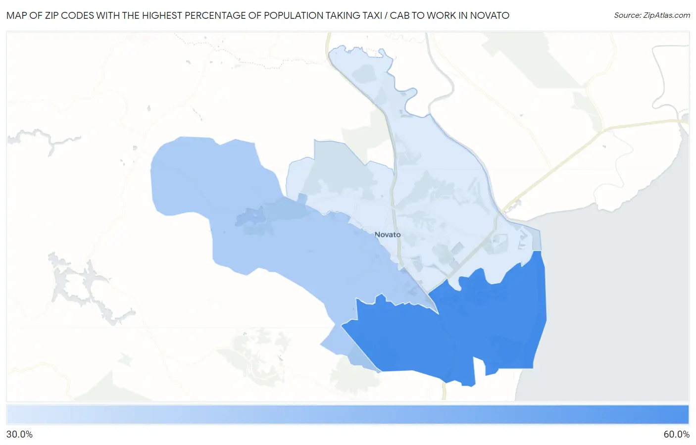 Zip Codes with the Highest Percentage of Population Taking Taxi / Cab to Work in Novato Map