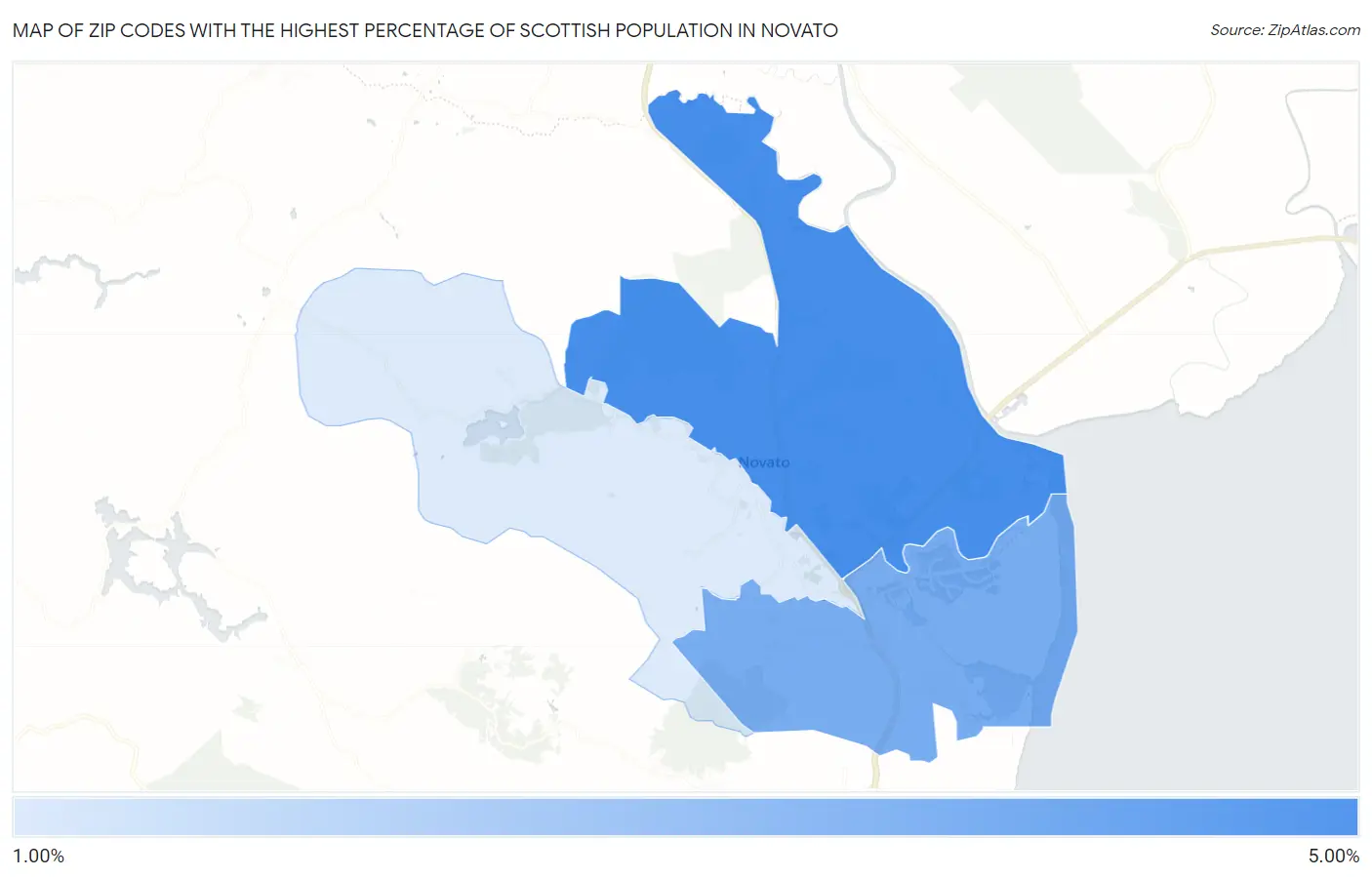 Zip Codes with the Highest Percentage of Scottish Population in Novato Map