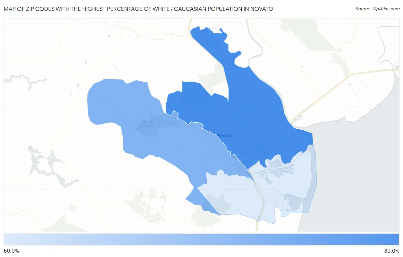 Zip Codes with the Highest Percentage of White / Caucasian Population in Novato Map