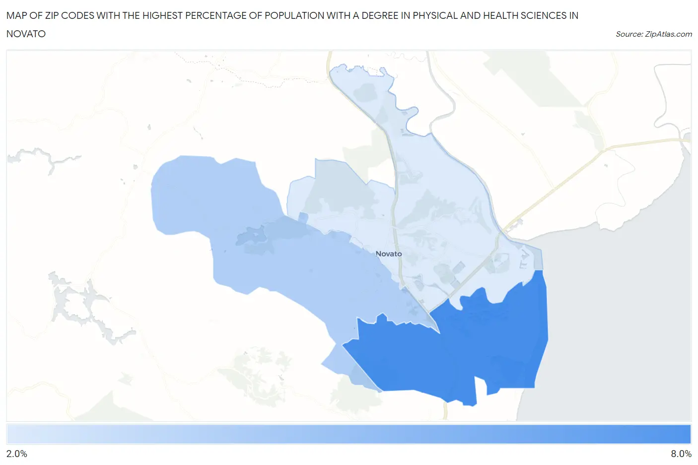 Zip Codes with the Highest Percentage of Population with a Degree in Physical and Health Sciences in Novato Map