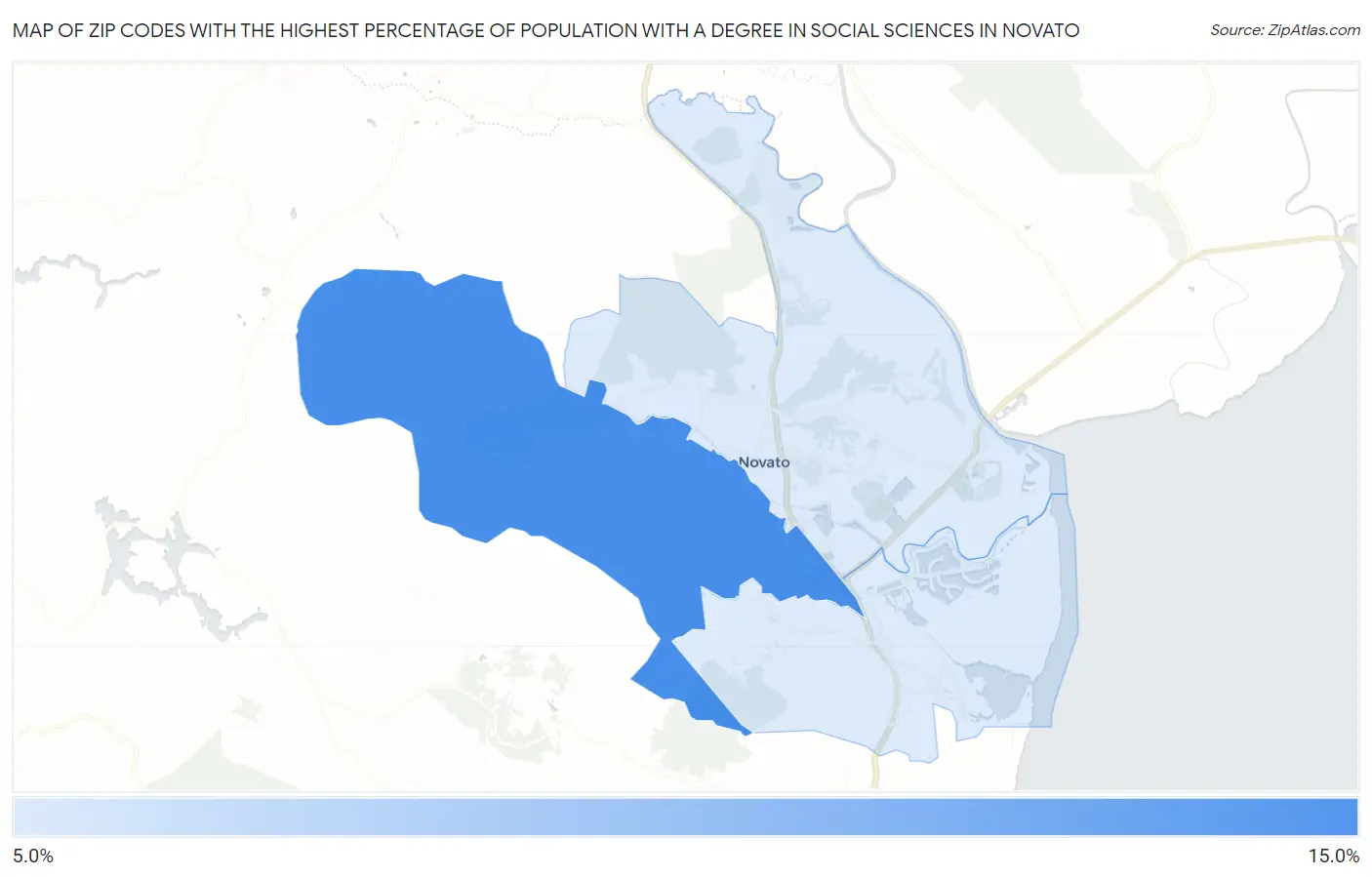 Zip Codes with the Highest Percentage of Population with a Degree in Social Sciences in Novato Map