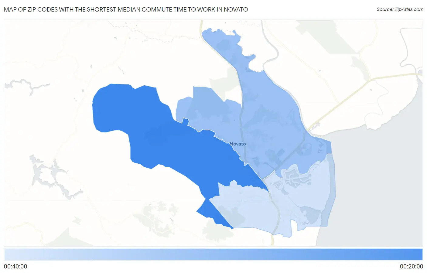 Zip Codes with the Shortest Median Commute Time to Work in Novato Map