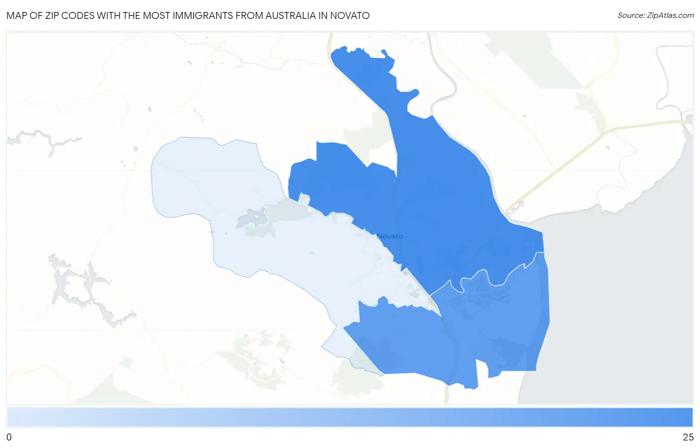 Zip Codes with the Most Immigrants from Australia in Novato Map