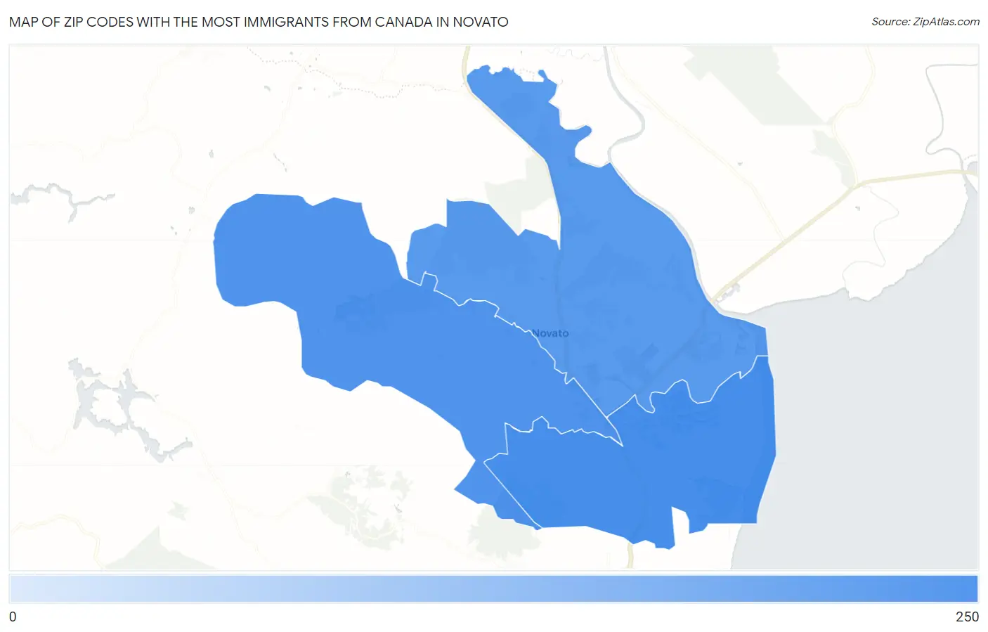 Zip Codes with the Most Immigrants from Canada in Novato Map