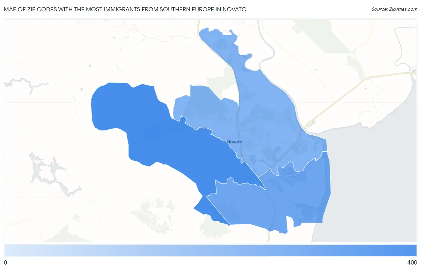 Zip Codes with the Most Immigrants from Southern Europe in Novato Map