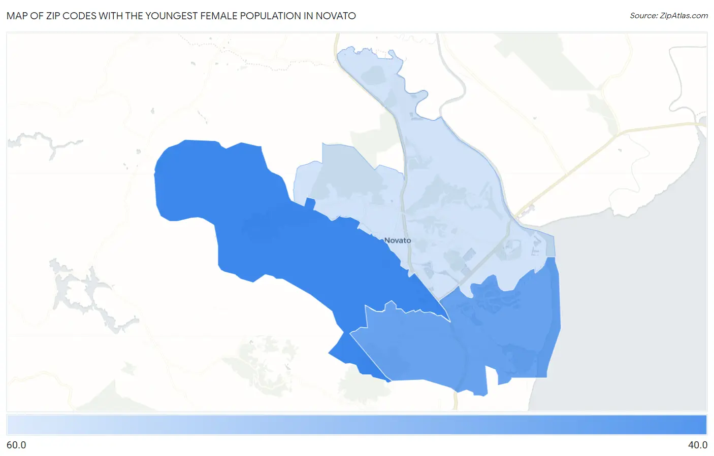 Zip Codes with the Youngest Female Population in Novato Map