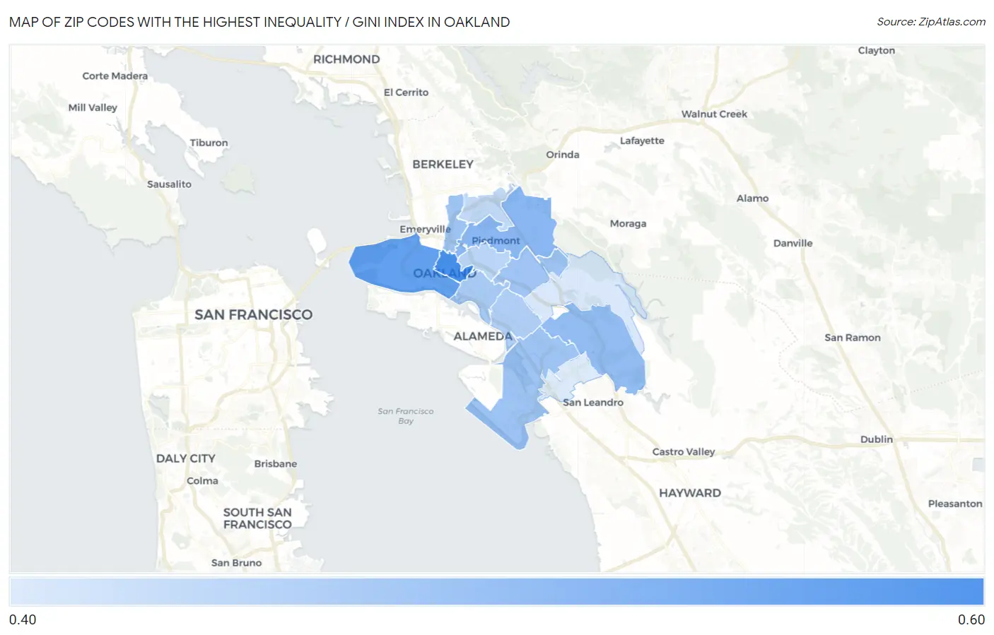 Zip Codes with the Highest Inequality / Gini Index in Oakland Map