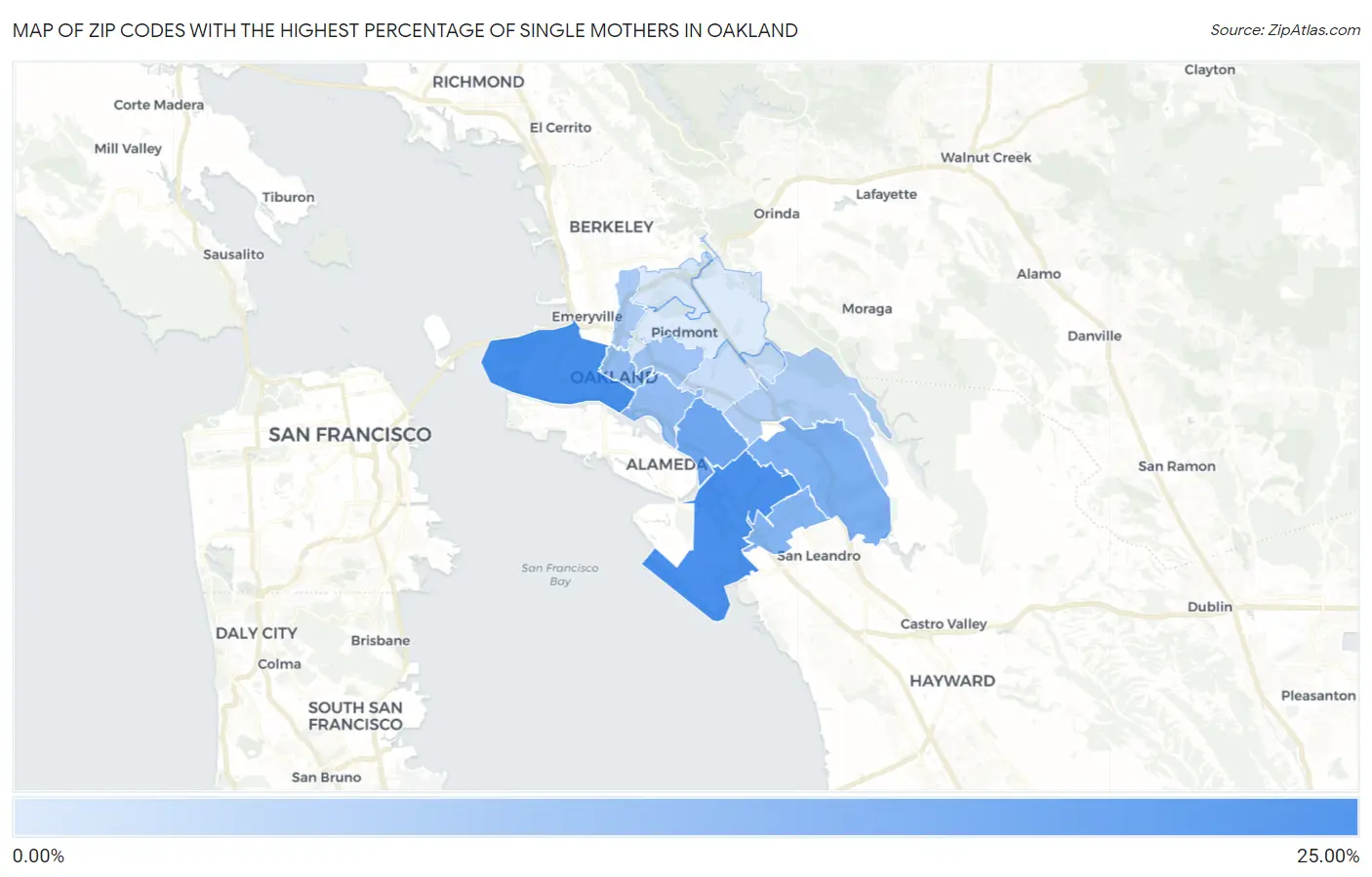 Zip Codes with the Highest Percentage of Single Mothers in Oakland Map