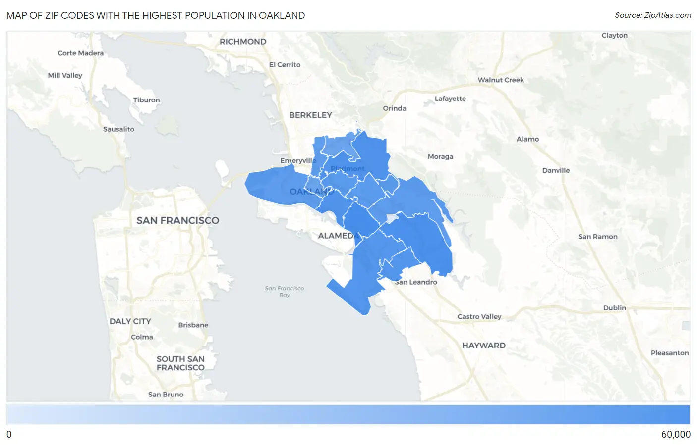 Zip Codes with the Highest Population in Oakland Map