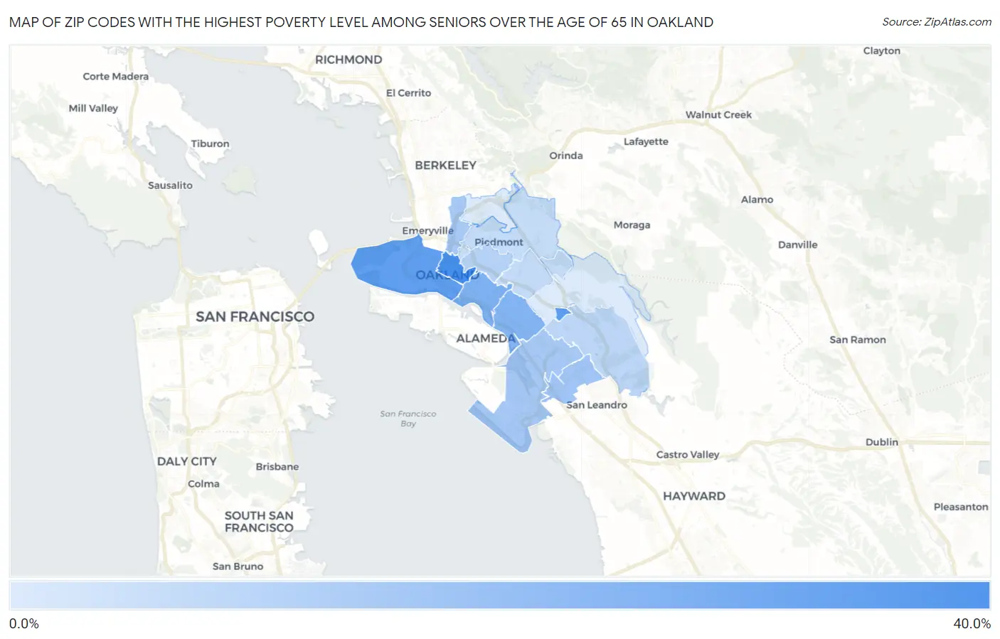 Zip Codes with the Highest Poverty Level Among Seniors Over the Age of 65 in Oakland Map