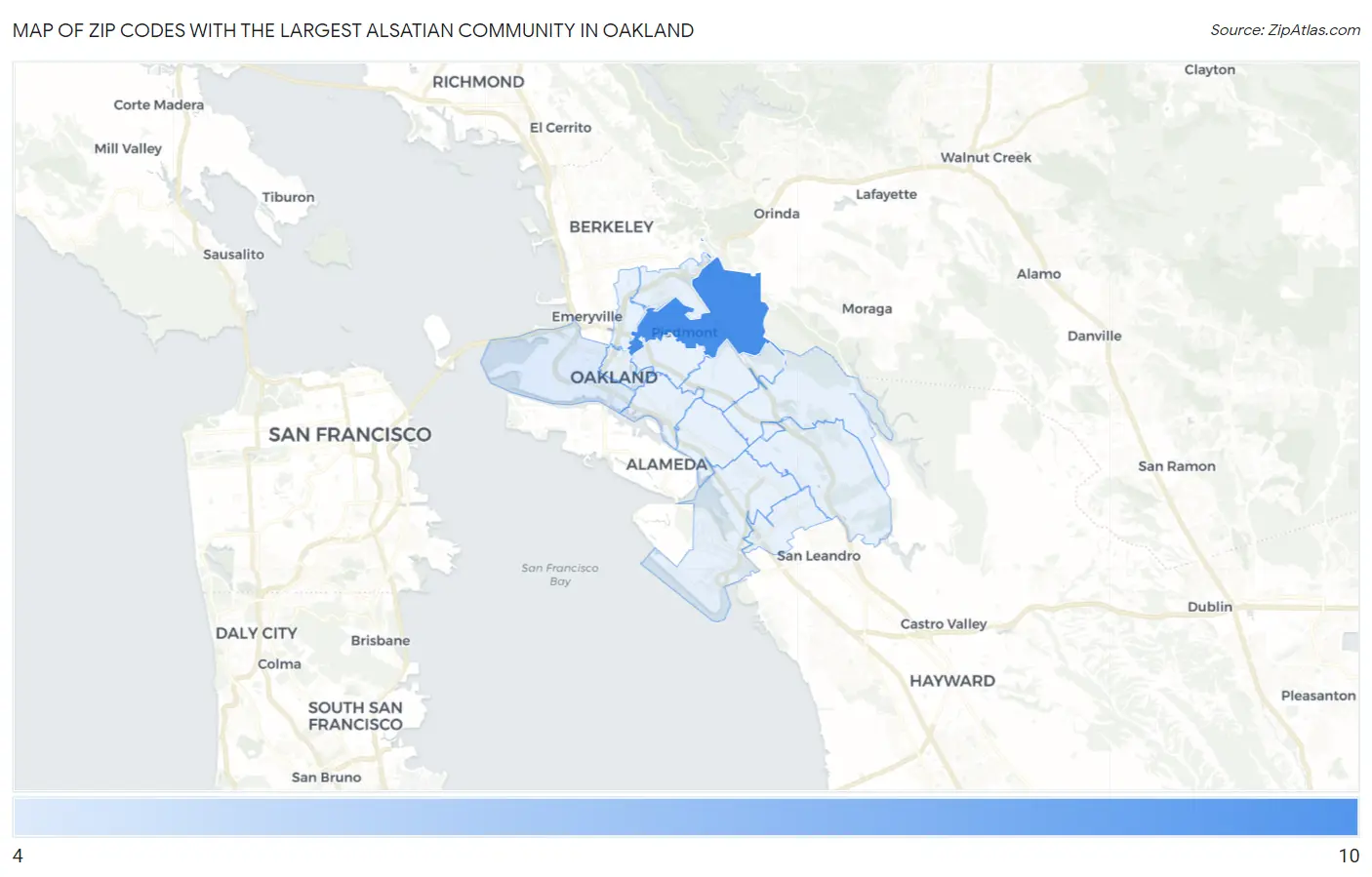 Zip Codes with the Largest Alsatian Community in Oakland Map
