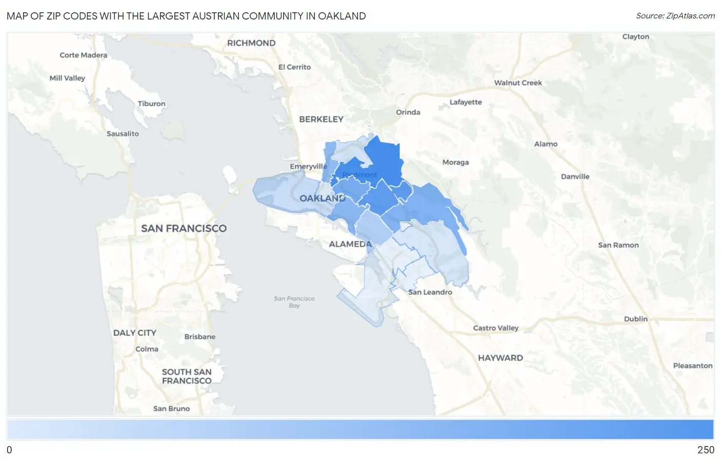 Zip Codes with the Largest Austrian Community in Oakland Map
