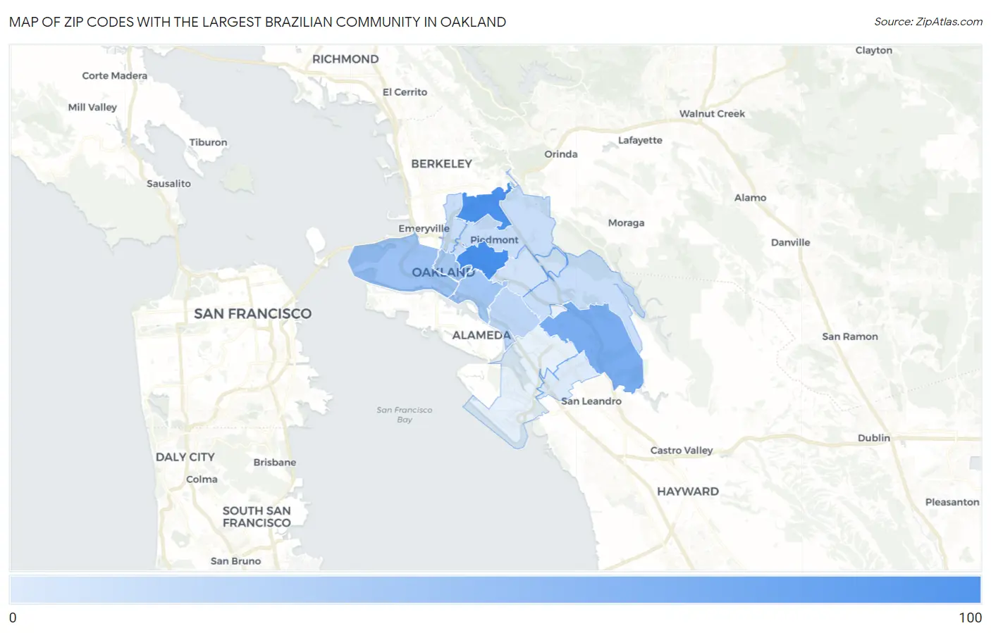 Zip Codes with the Largest Brazilian Community in Oakland Map