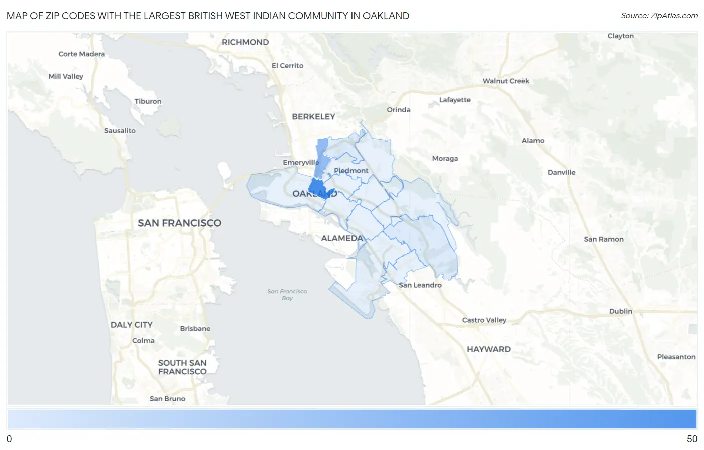 Zip Codes with the Largest British West Indian Community in Oakland Map