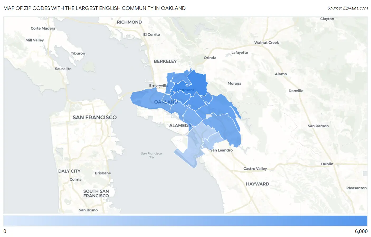 Zip Codes with the Largest English Community in Oakland Map