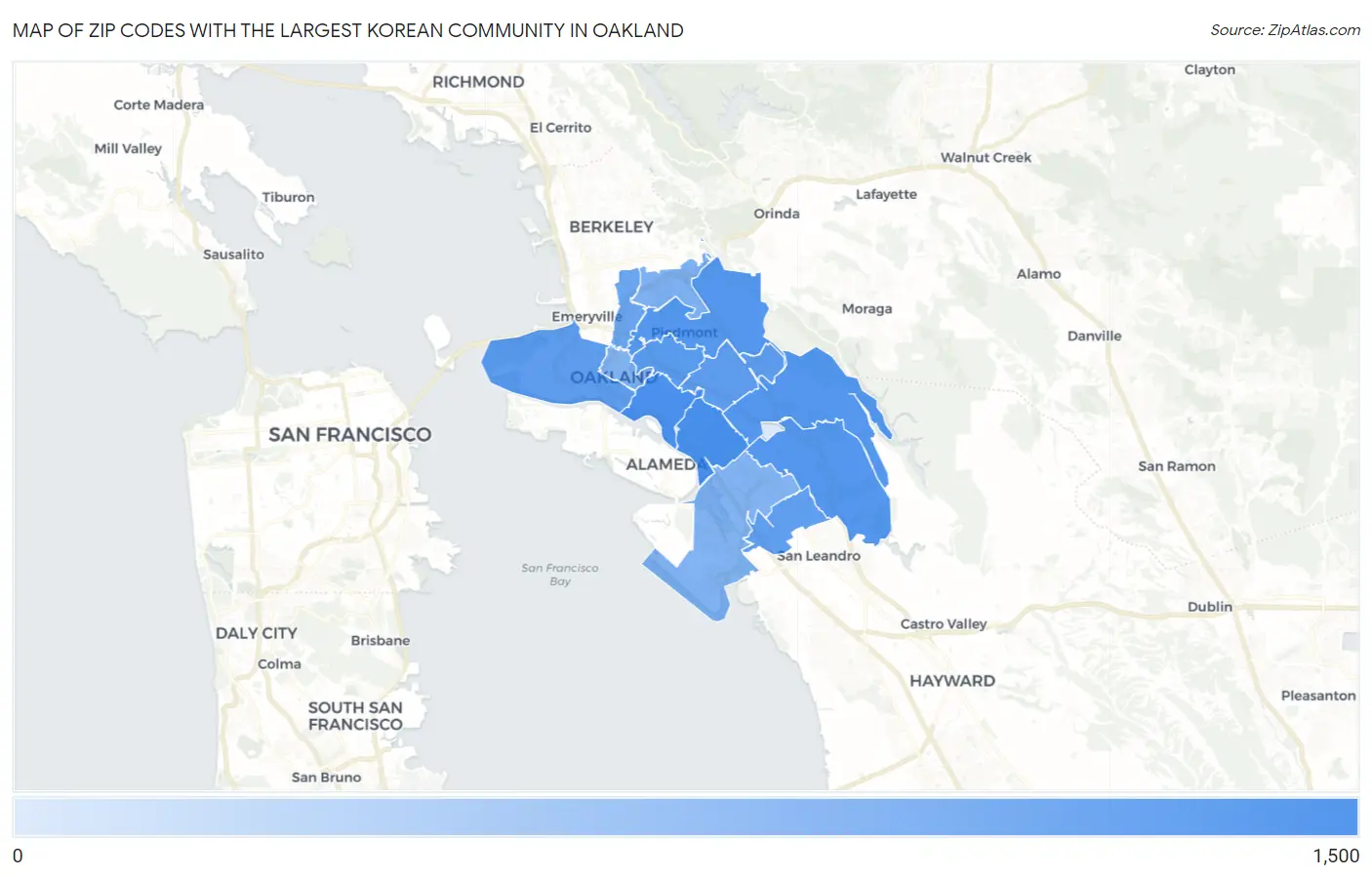 Zip Codes with the Largest Korean Community in Oakland Map