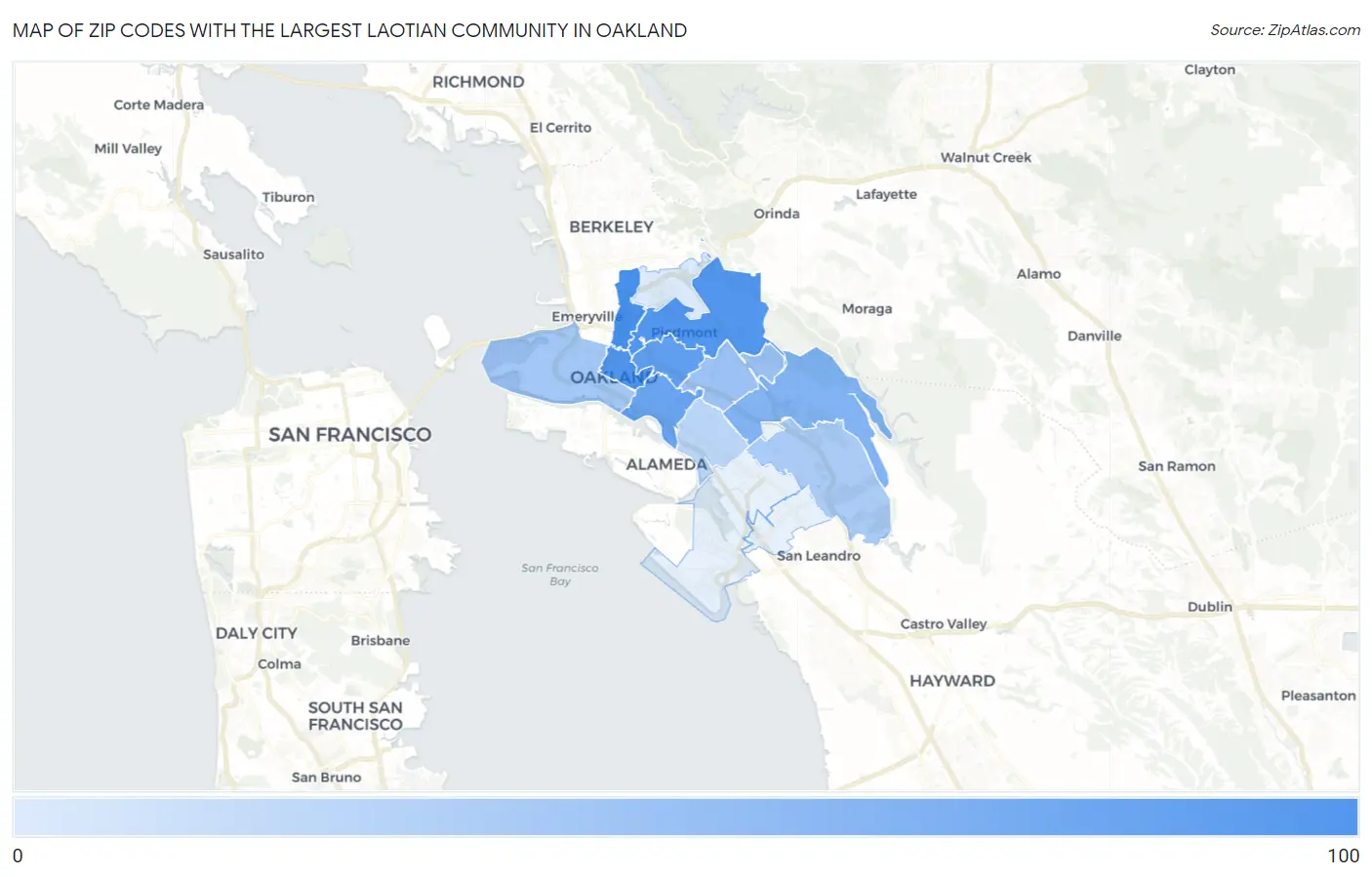 Zip Codes with the Largest Laotian Community in Oakland Map