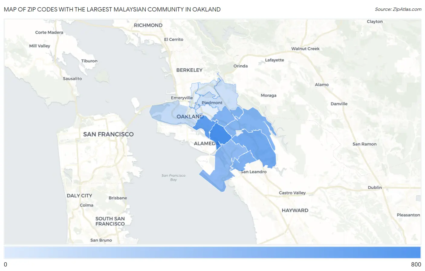 Zip Codes with the Largest Malaysian Community in Oakland Map