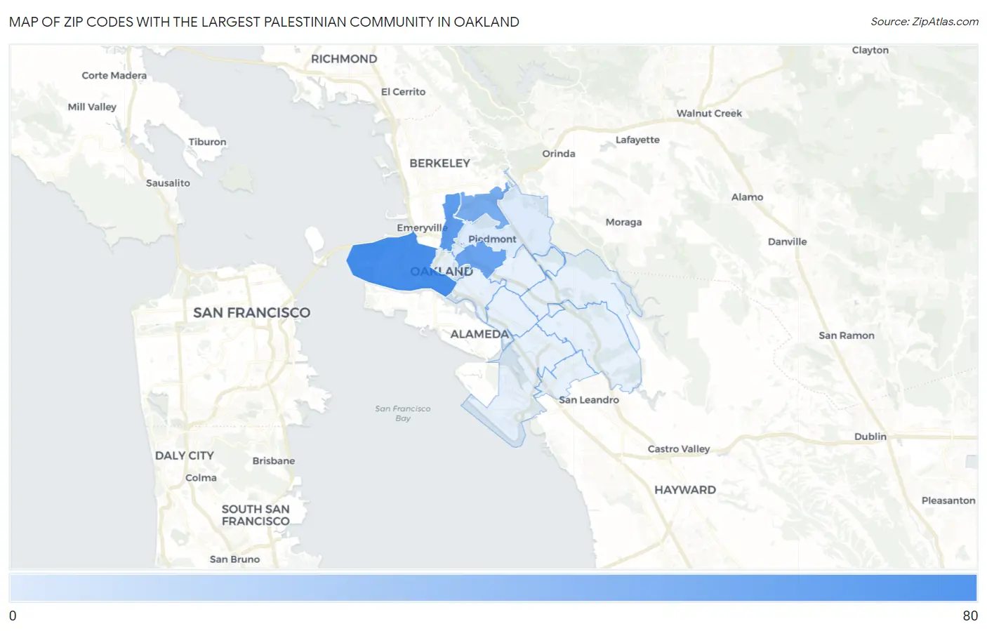 Zip Codes with the Largest Palestinian Community in Oakland Map