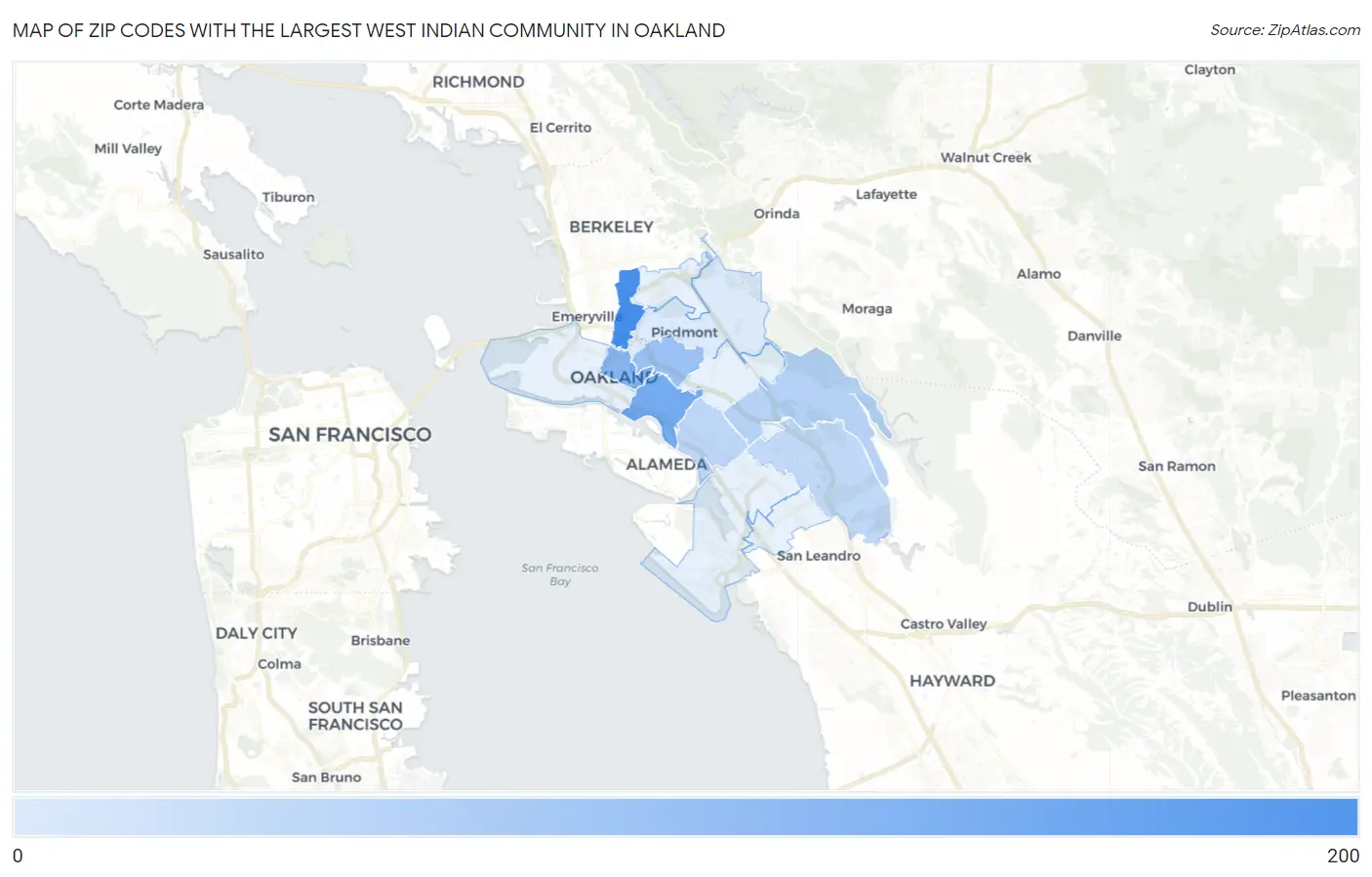 Zip Codes with the Largest West Indian Community in Oakland Map