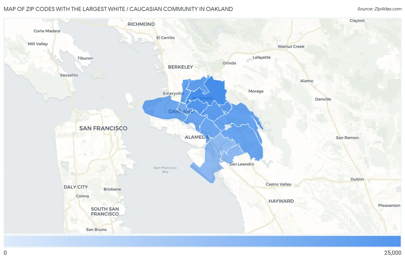 Zip Codes with the Largest White / Caucasian Community in Oakland Map