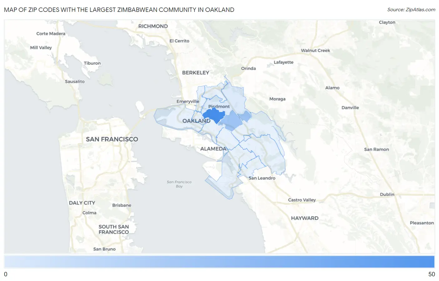 Zip Codes with the Largest Zimbabwean Community in Oakland Map