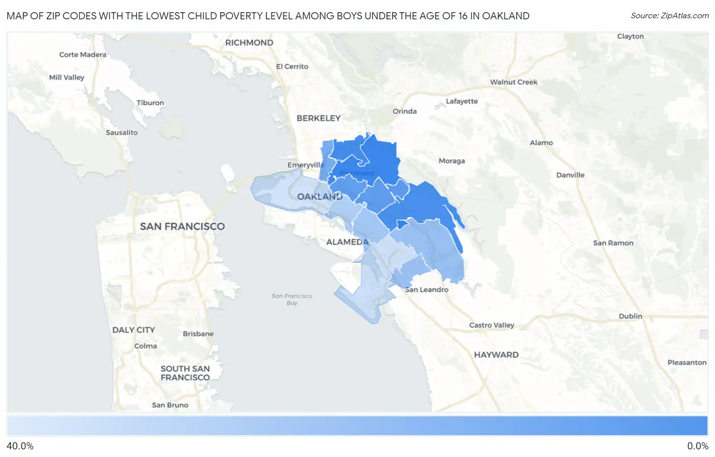 Zip Codes with the Lowest Child Poverty Level Among Boys Under the Age of 16 in Oakland Map