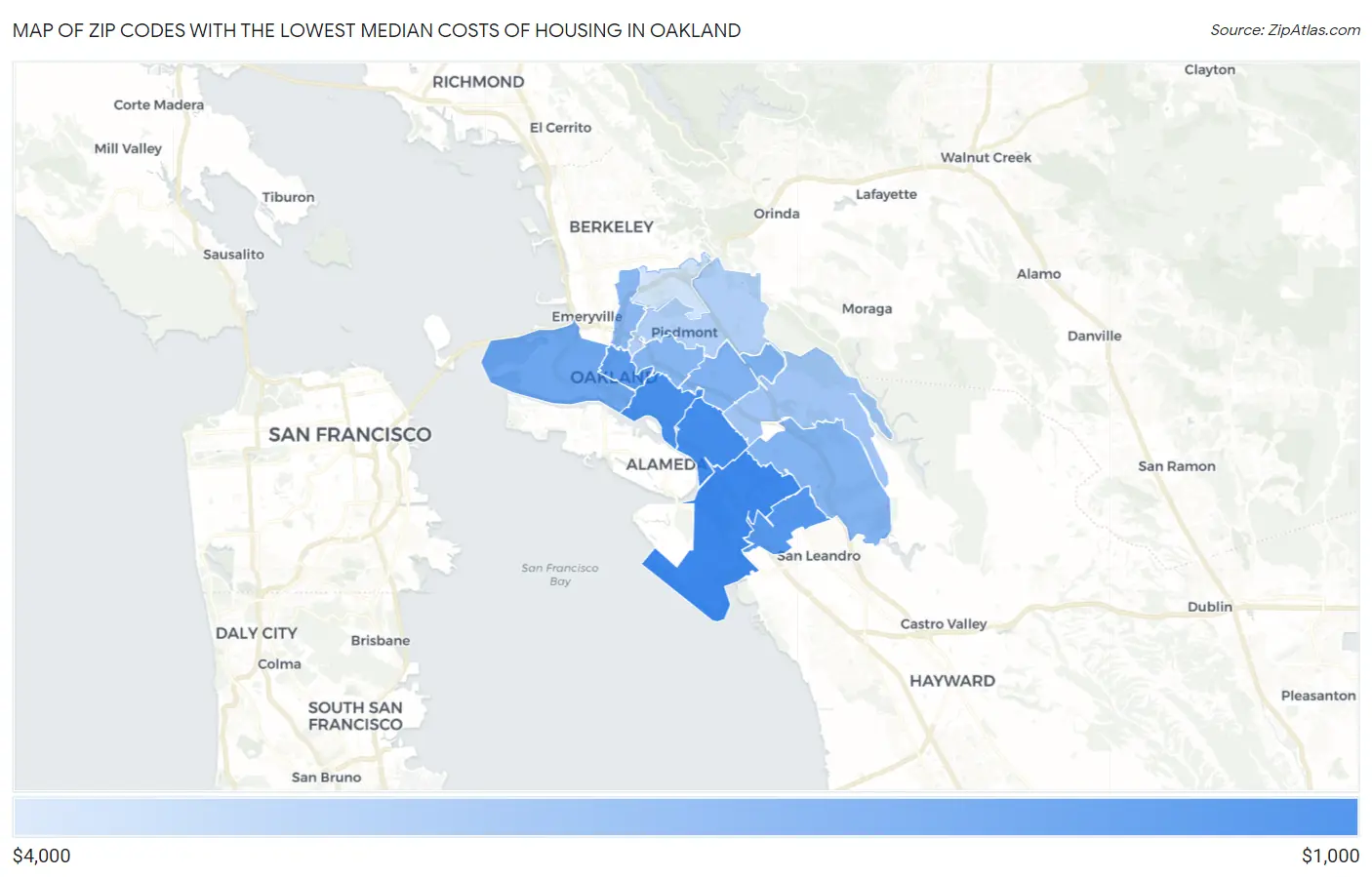 Zip Codes with the Lowest Median Costs of Housing in Oakland Map