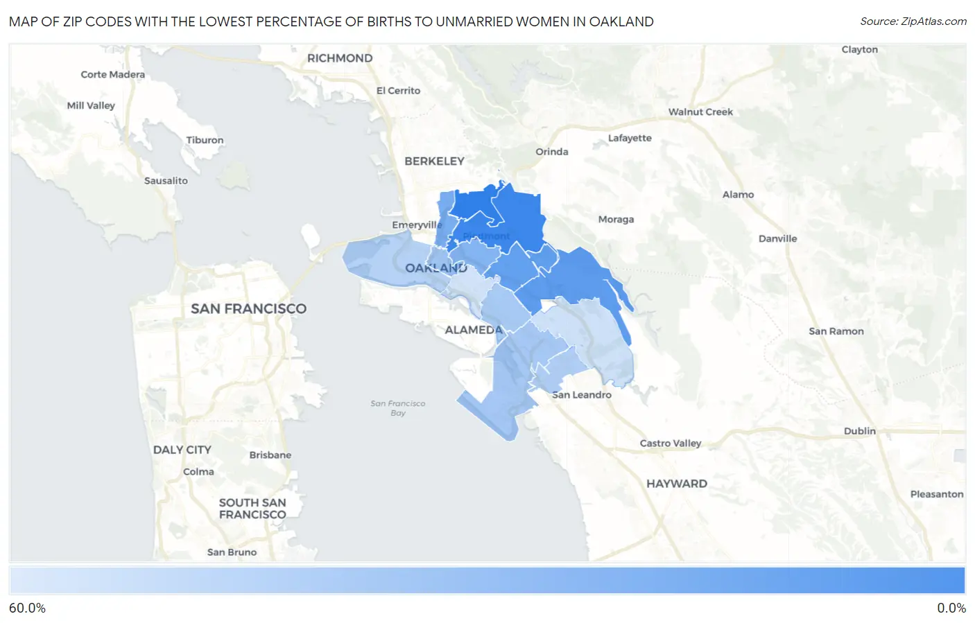 Zip Codes with the Lowest Percentage of Births to Unmarried Women in Oakland Map