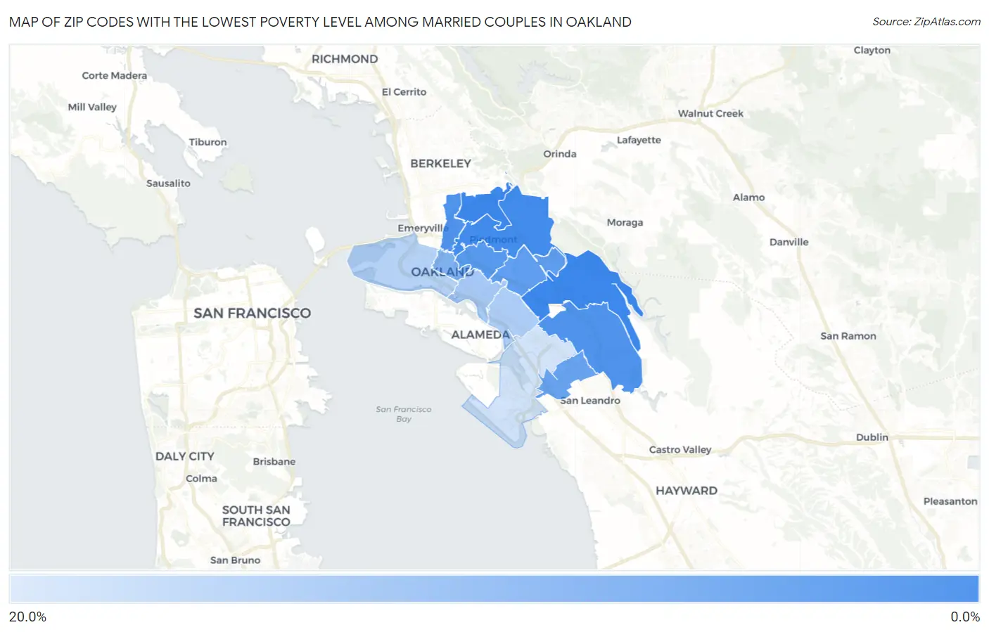 Zip Codes with the Lowest Poverty Level Among Married Couples in Oakland Map
