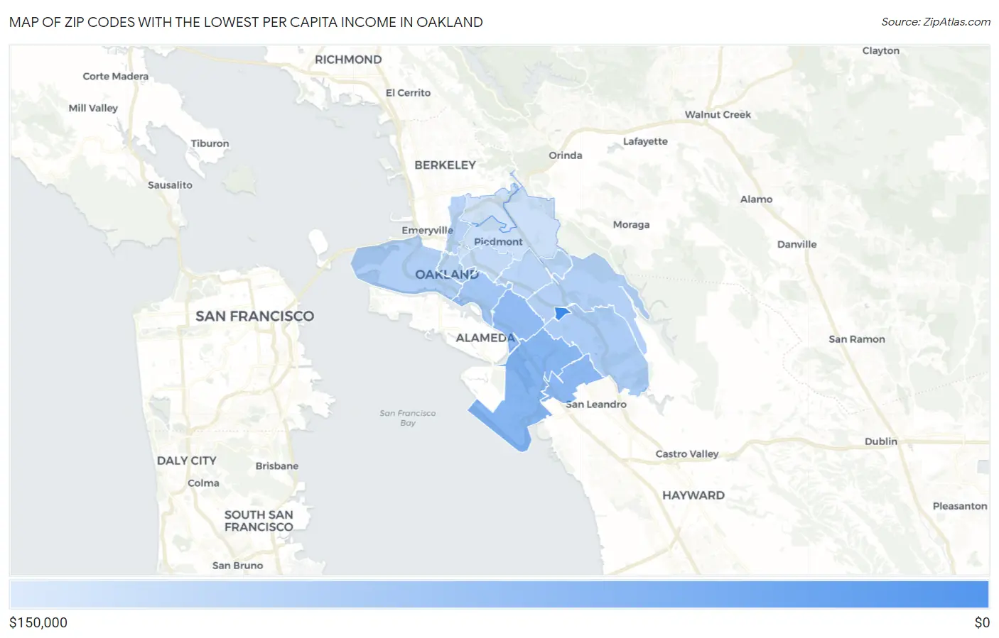 Zip Codes with the Lowest Per Capita Income in Oakland Map
