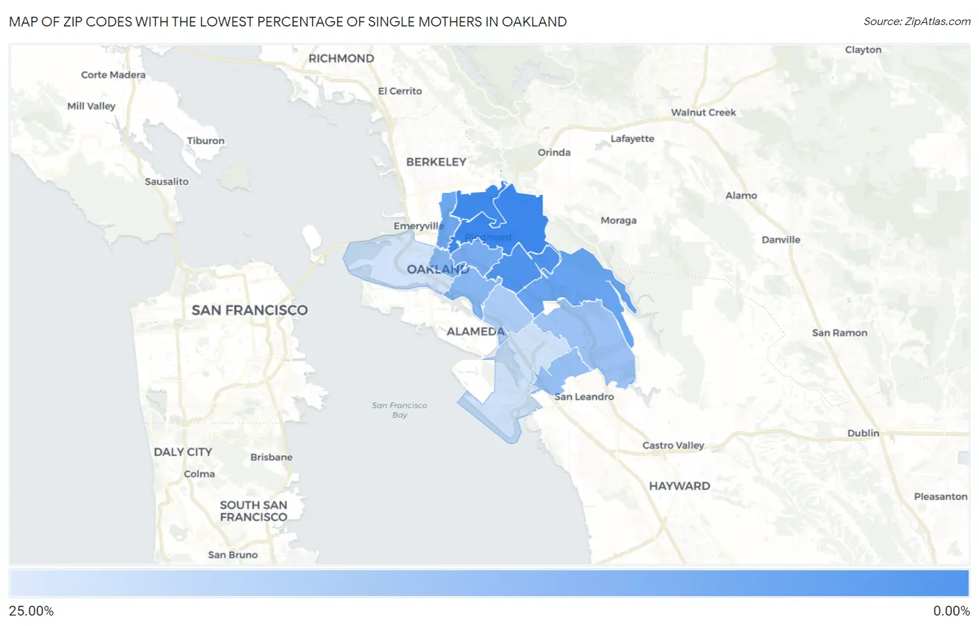 Zip Codes with the Lowest Percentage of Single Mothers in Oakland Map