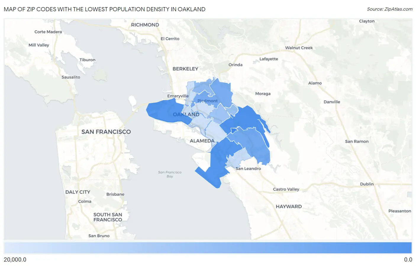 Zip Codes with the Lowest Population Density in Oakland Map