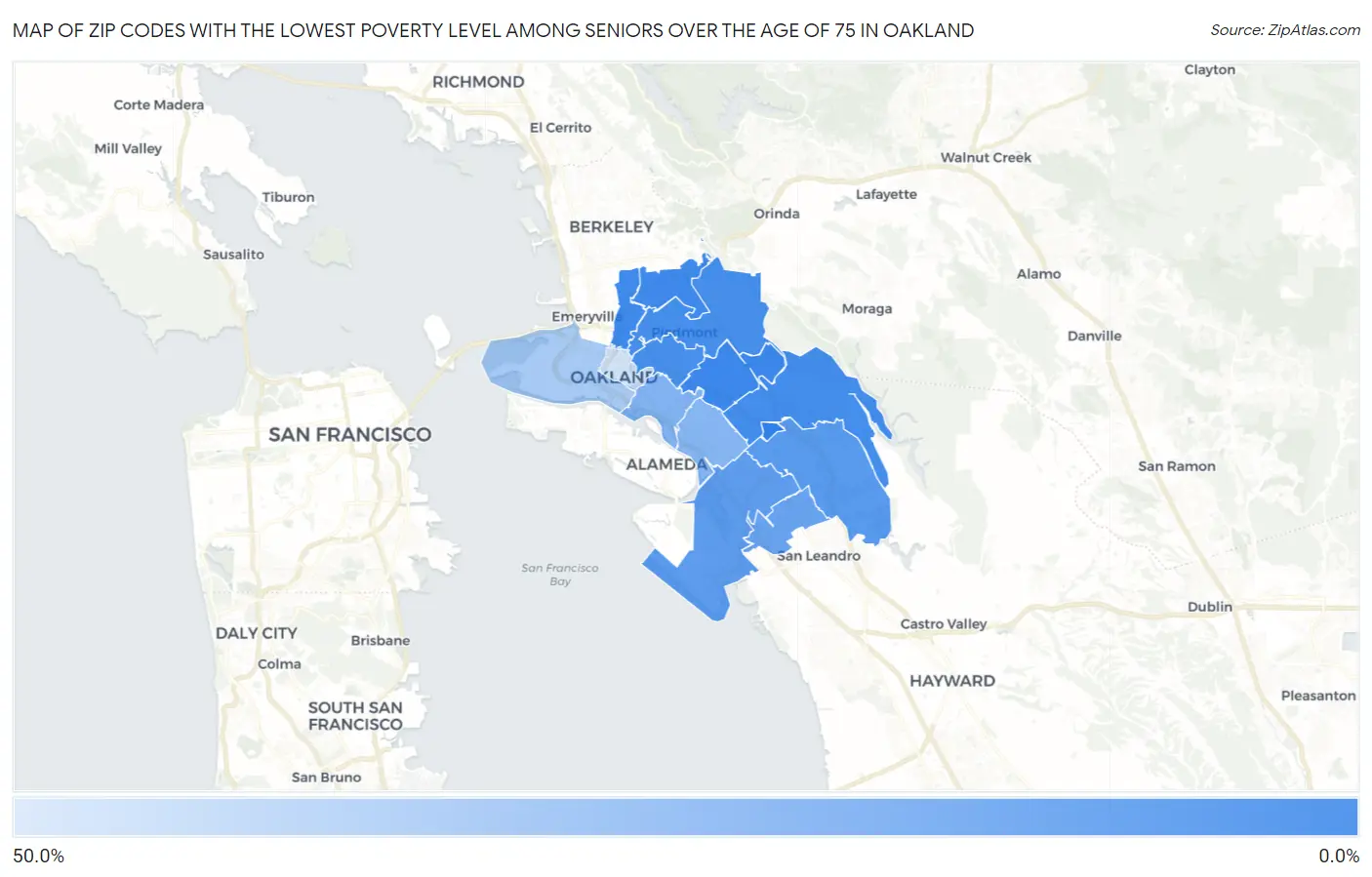 Zip Codes with the Lowest Poverty Level Among Seniors Over the Age of 75 in Oakland Map