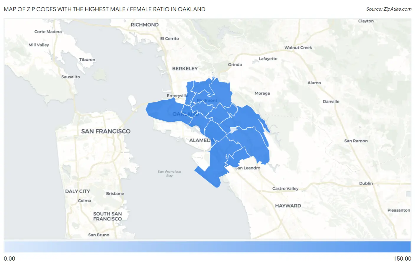 Zip Codes with the Highest Male / Female Ratio in Oakland Map