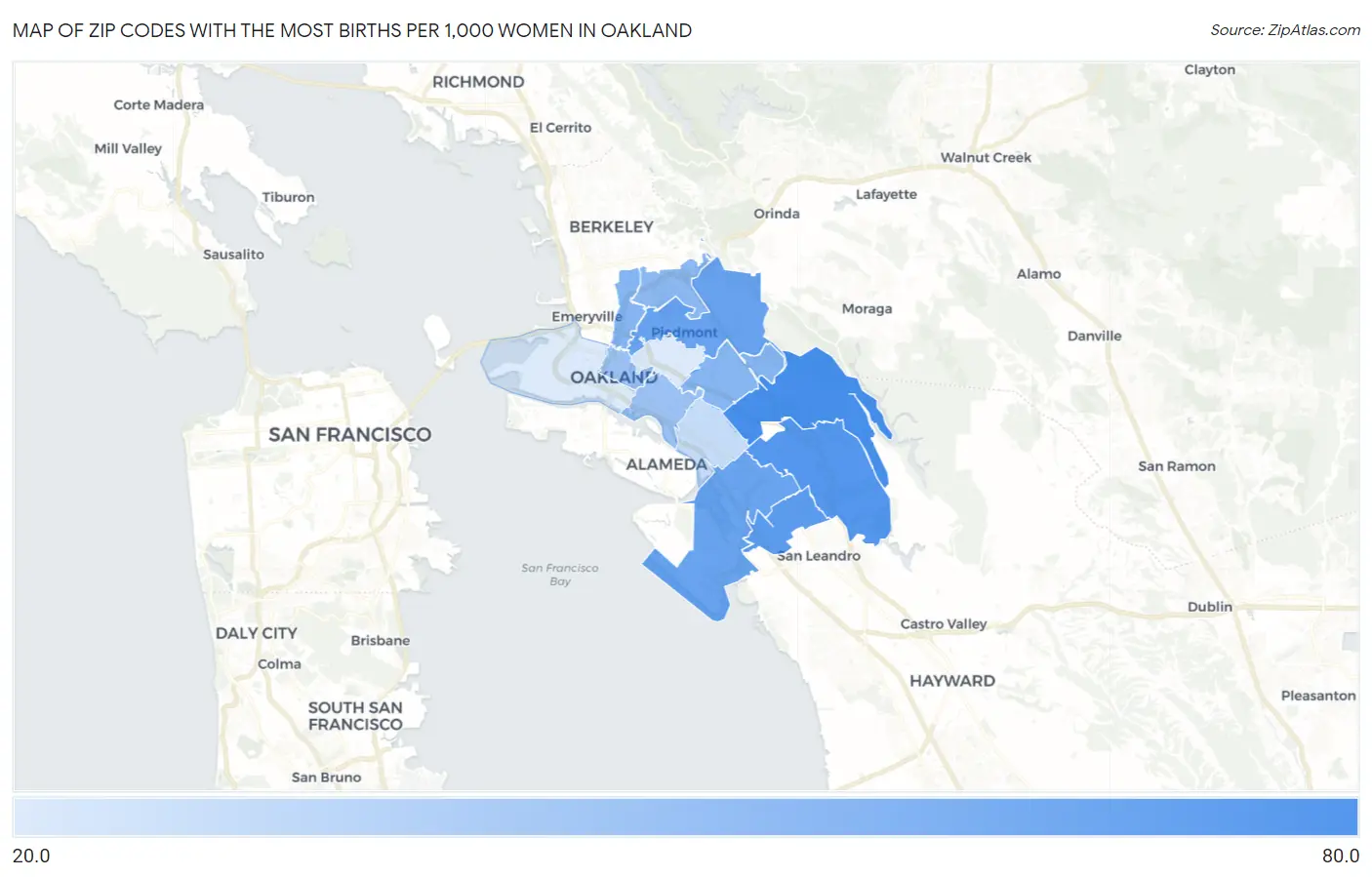 Zip Codes with the Most Births per 1,000 Women in Oakland Map