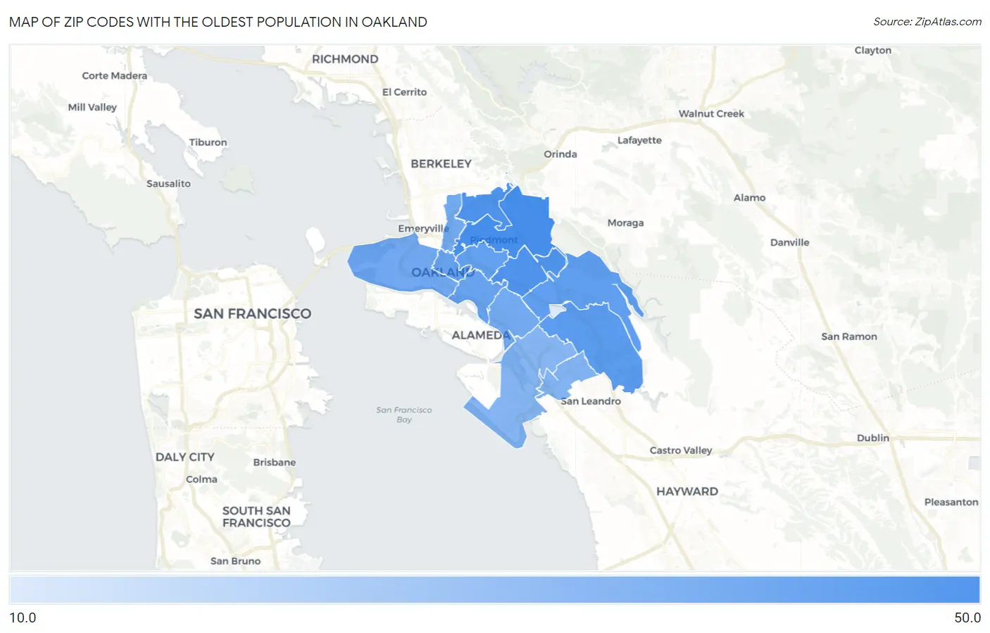 Zip Codes with the Oldest Population in Oakland Map