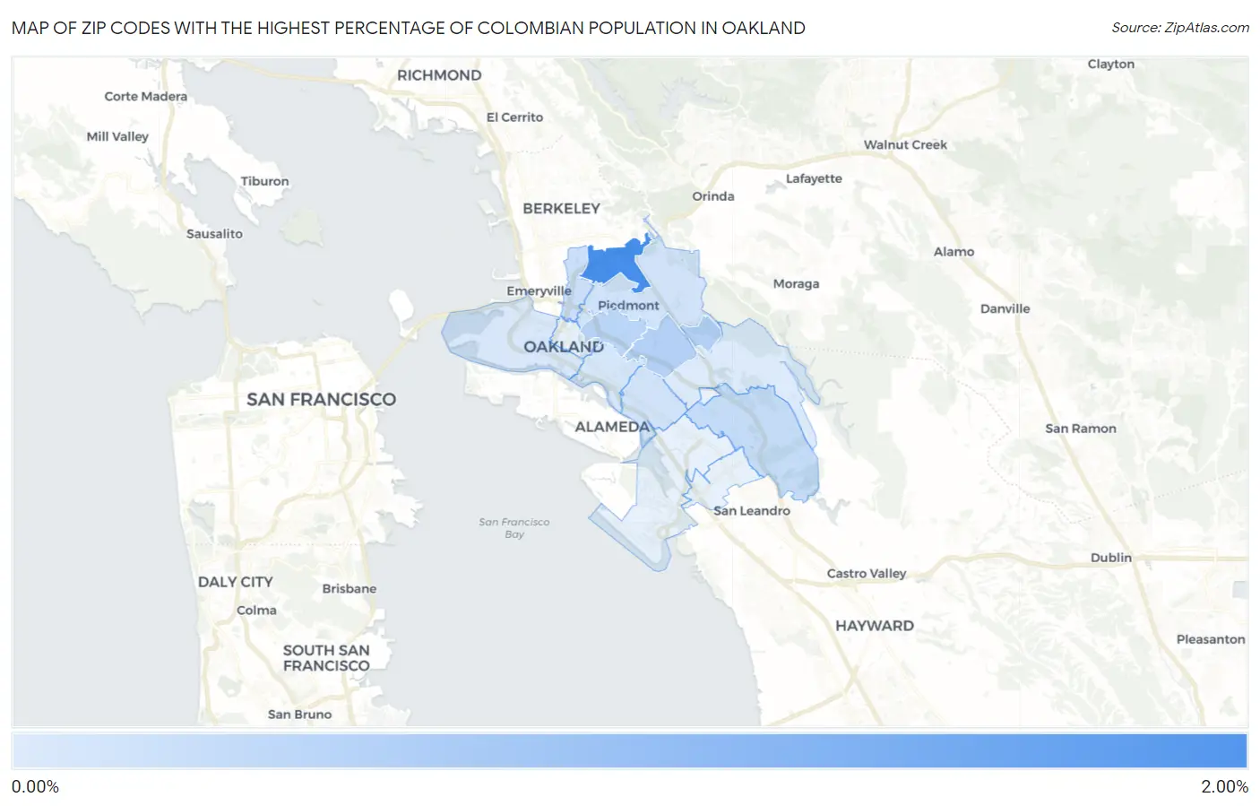 Zip Codes with the Highest Percentage of Colombian Population in Oakland Map