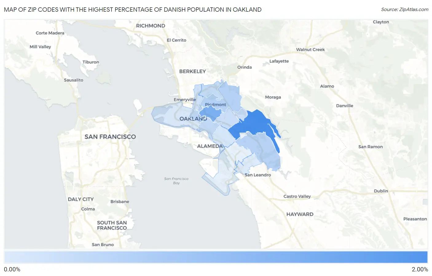 Zip Codes with the Highest Percentage of Danish Population in Oakland Map