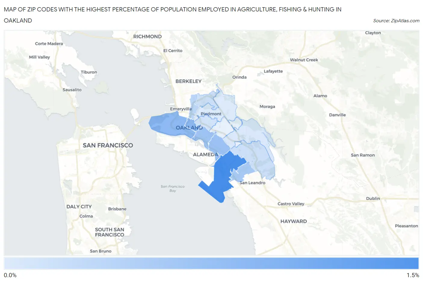 Zip Codes with the Highest Percentage of Population Employed in Agriculture, Fishing & Hunting in Oakland Map