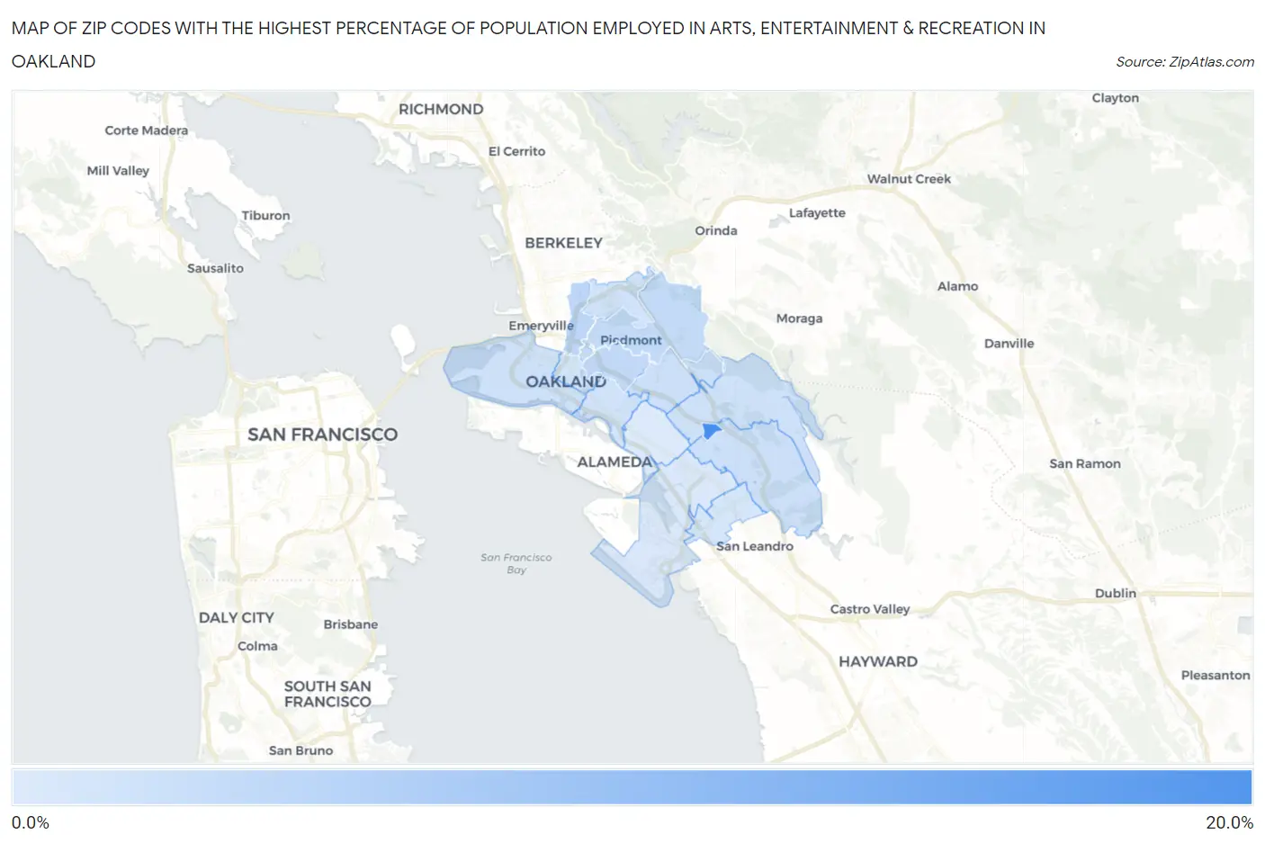 Zip Codes with the Highest Percentage of Population Employed in Arts, Entertainment & Recreation in Oakland Map
