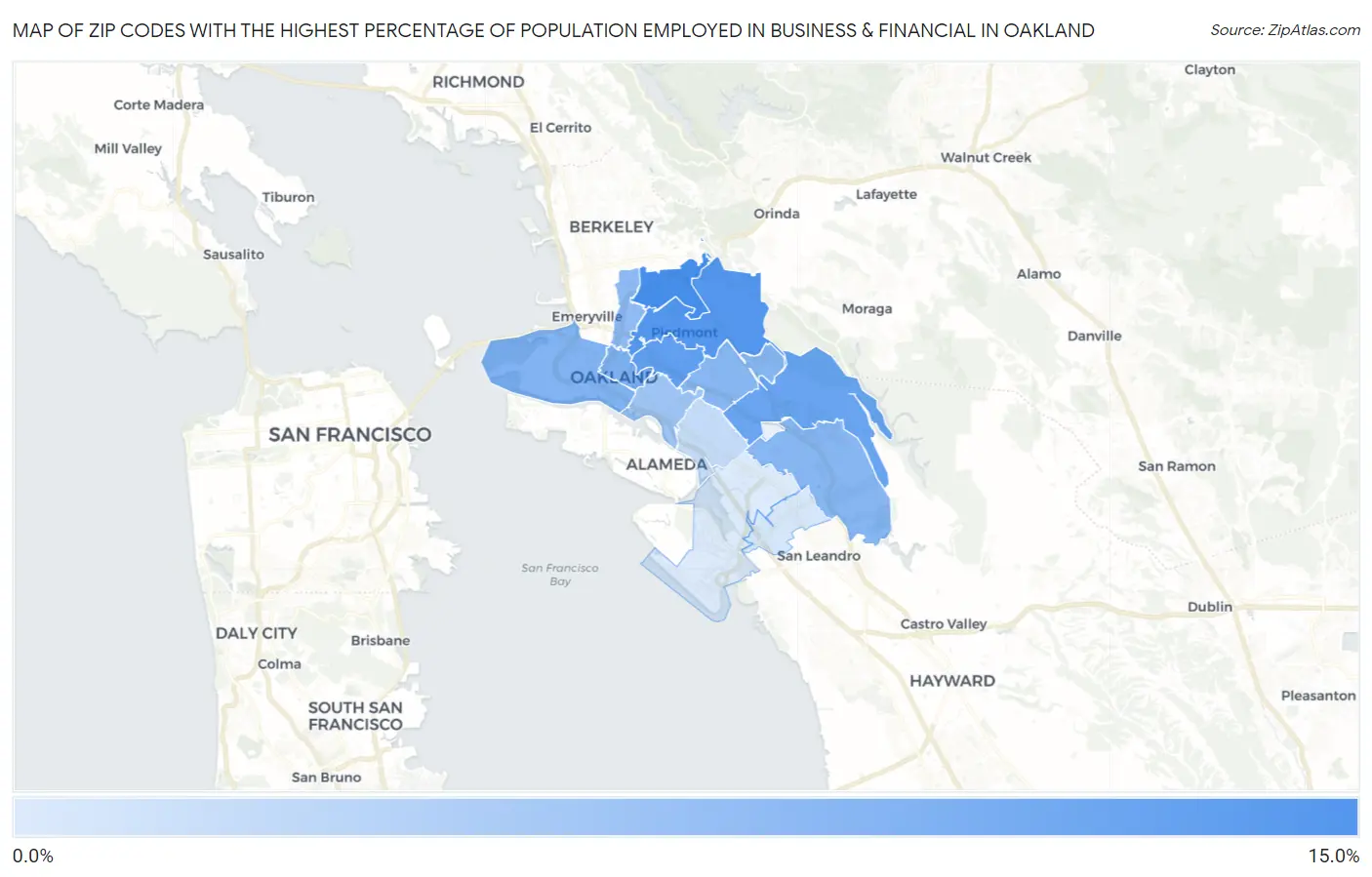 Zip Codes with the Highest Percentage of Population Employed in Business & Financial in Oakland Map