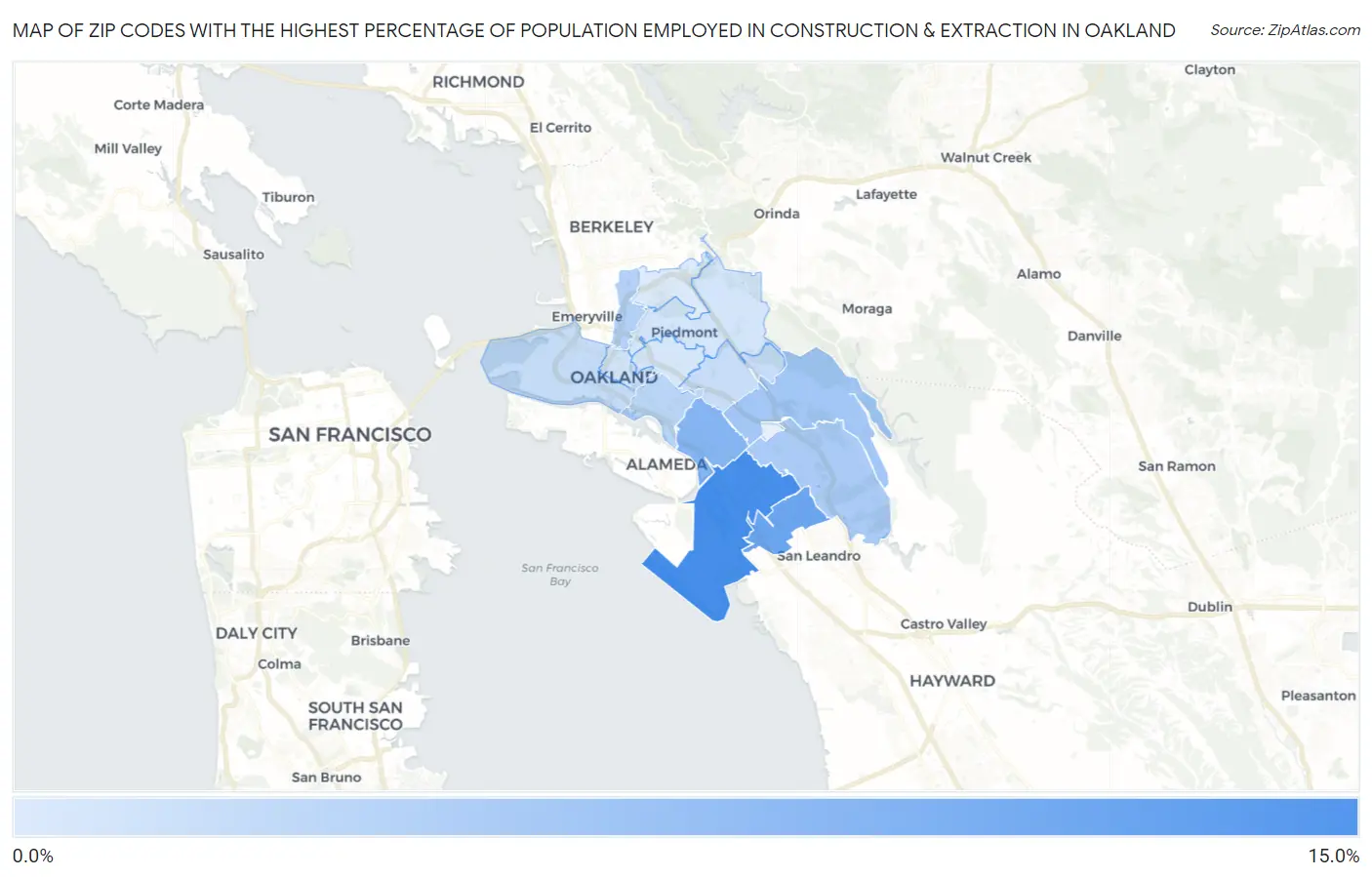Zip Codes with the Highest Percentage of Population Employed in Construction & Extraction in Oakland Map